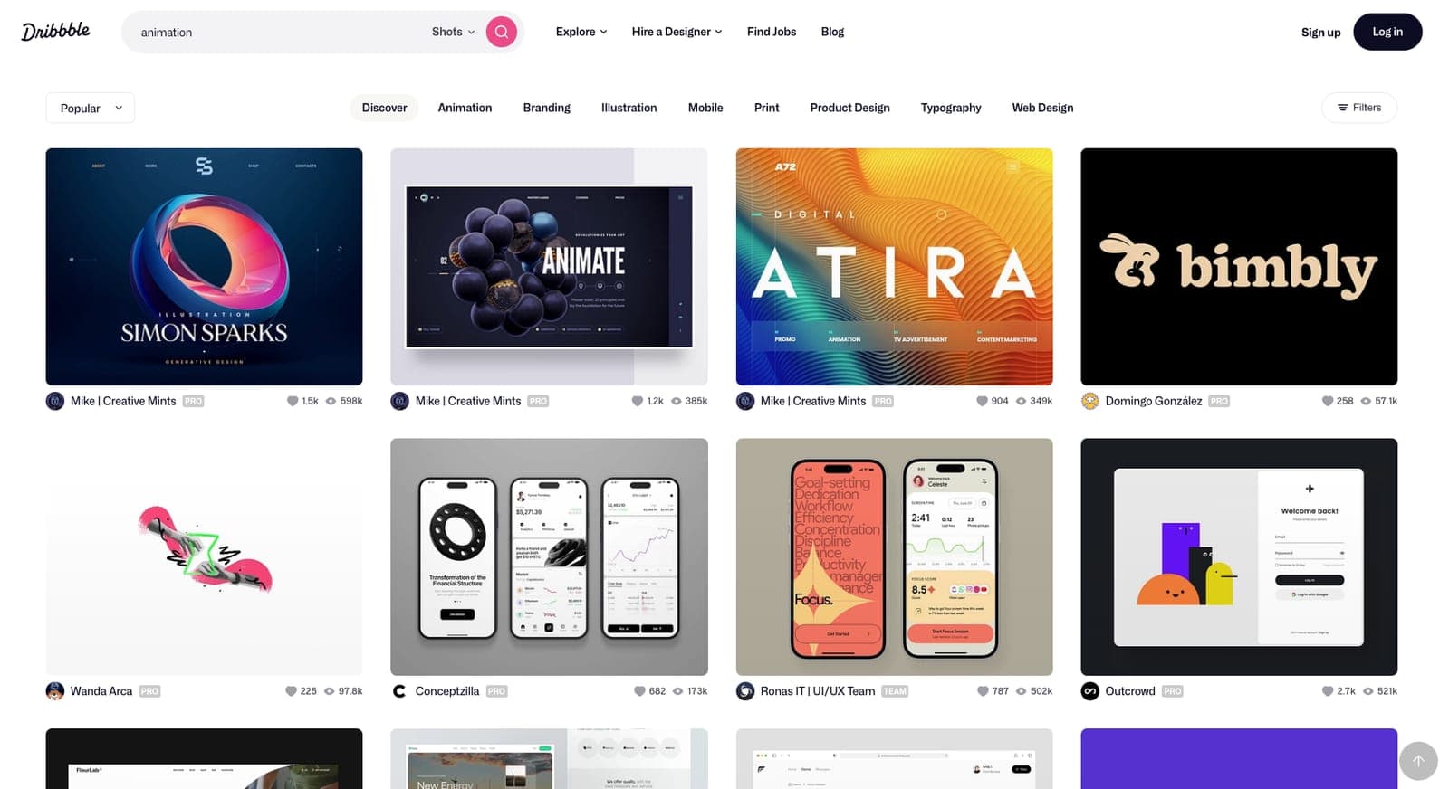 Dribbble's animation search results, a grid of popular shots from motion and brand designers