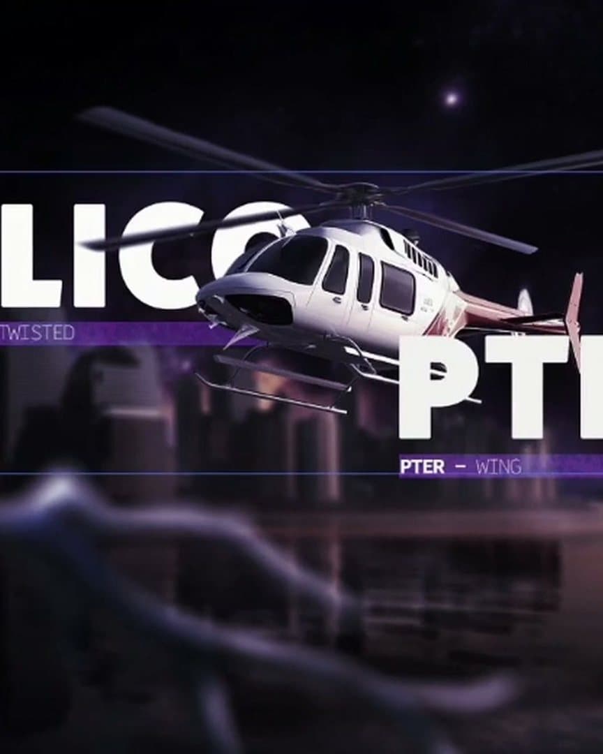 The word helicopter in heavy white type, a helicopter flying through it, over a city at night