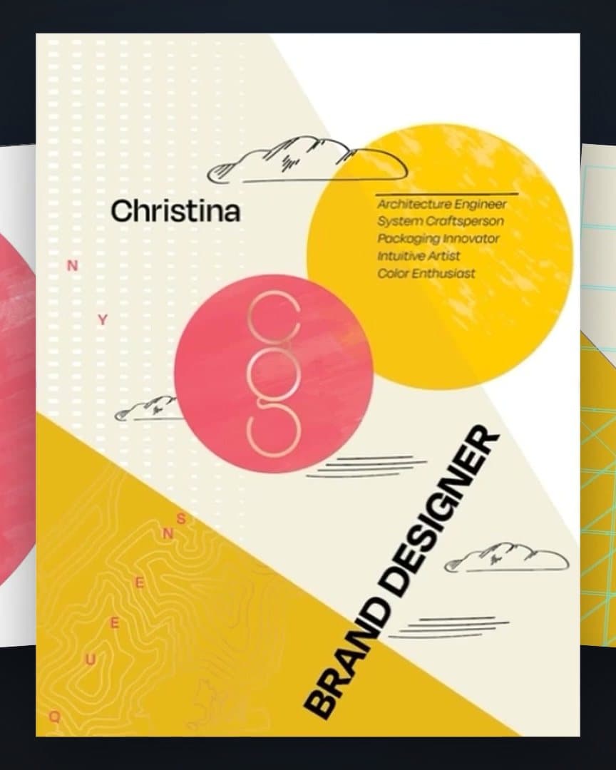 Three Brand Designer posters: pink and gold circles, a yellow diagonal, the name Christina