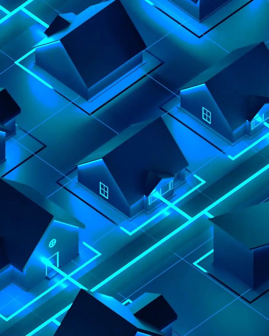 Reel, opening on a city seen from above, dark blue houses along glowing cyan streets