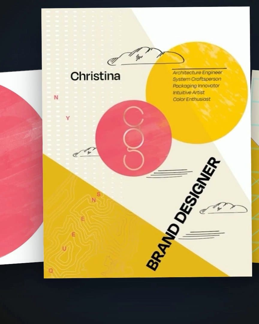 Reel, opening on three Brand Designer posters: pink and gold circles, a yellow diagonal, the name Christina