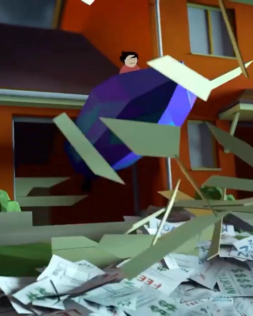 Reel, opening on a violet boat bursting out of an orange house, two riders aboard, boards flying
