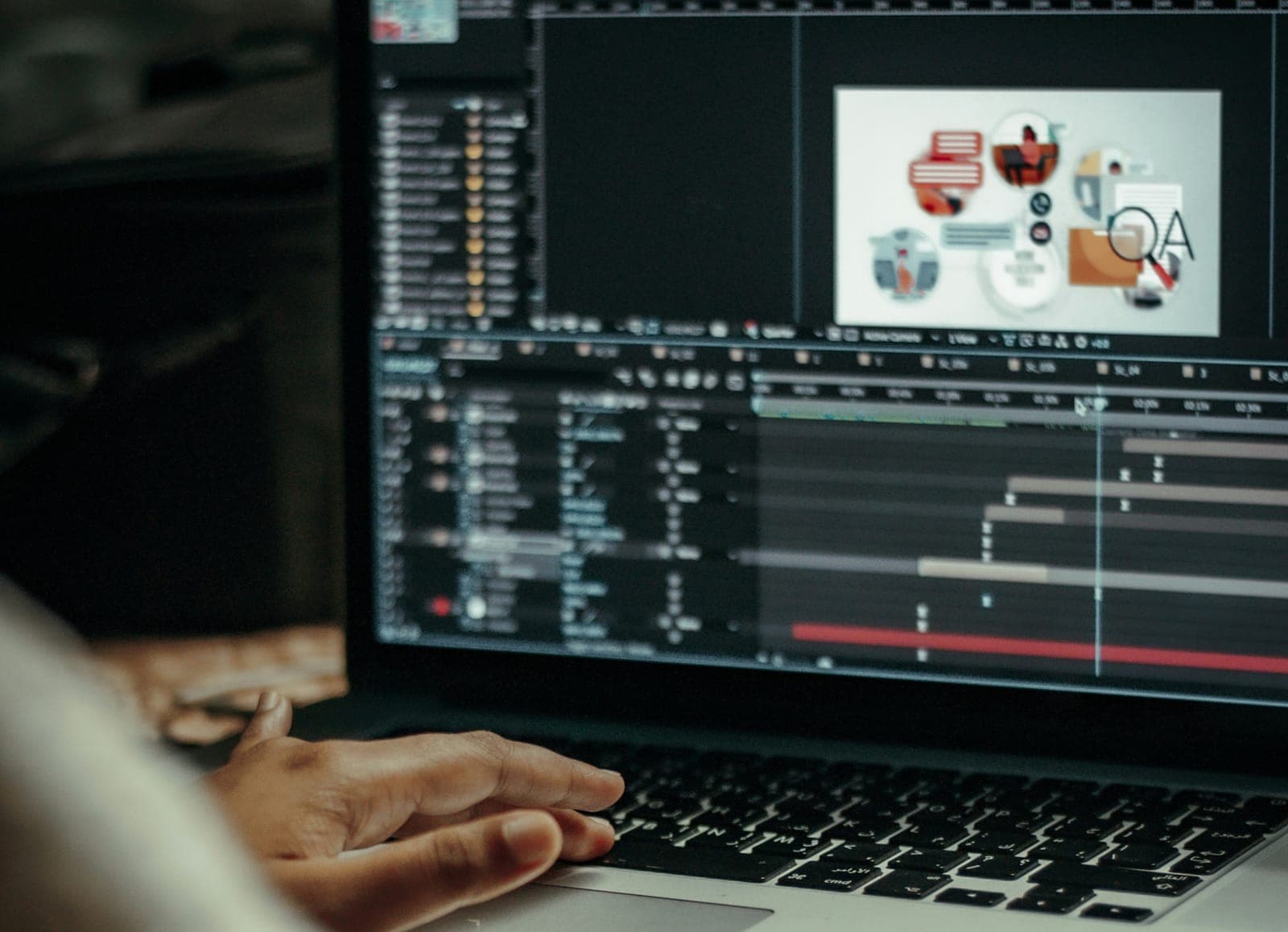 Hands on a laptop keyboard, with an After Effects timeline and an illustrated composition on screen